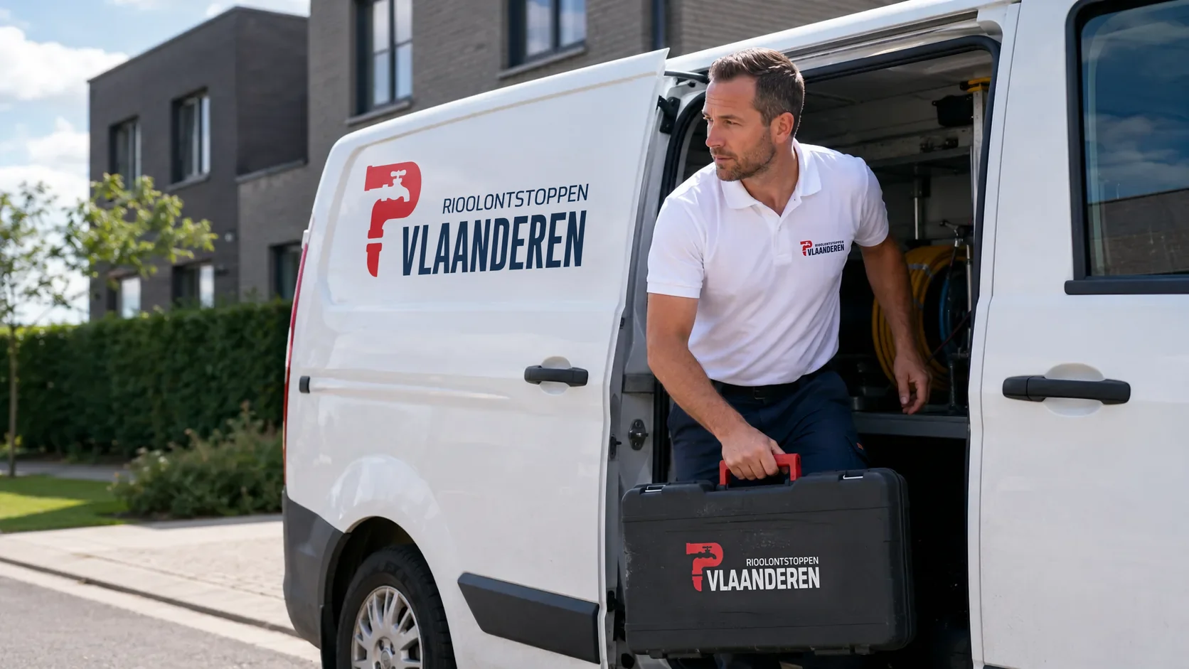 Bestelwagen van Rioolontstoppen Vlaanderen met technieker en materiaalkoffer voor een Vlaamse woning